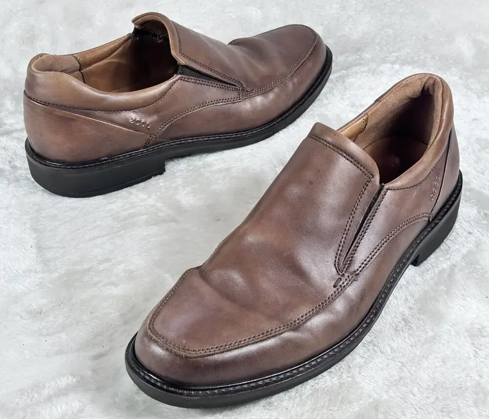 Ecco Holton Mens Size 10.0 M Brown Leather Loafers Slip On Apron Toe Shoes